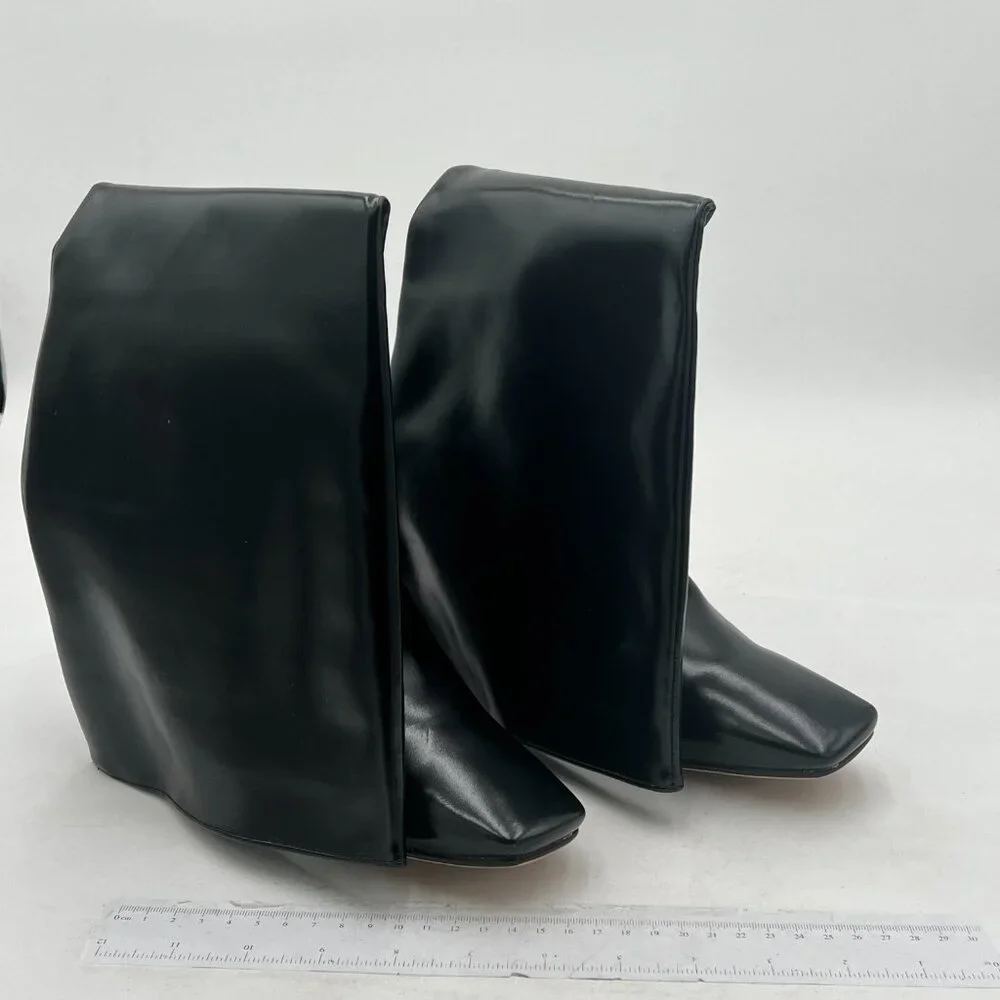 Black Women Over The Knee Boots High Chunky Heels Square Toe Fancy Pull On Shoe